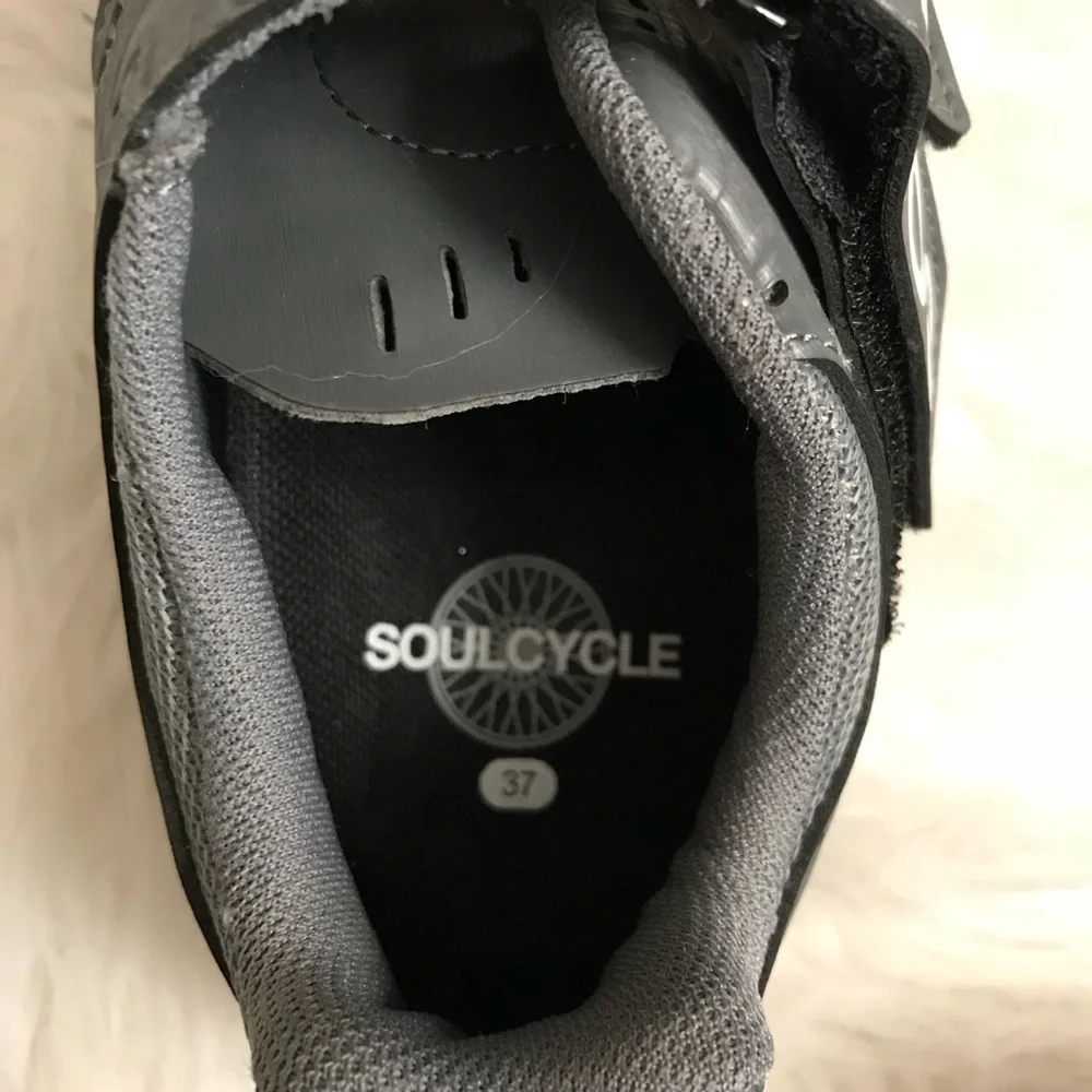 soulcycle Gray Cycling Shoe with Yellow Accents and Red Cleat